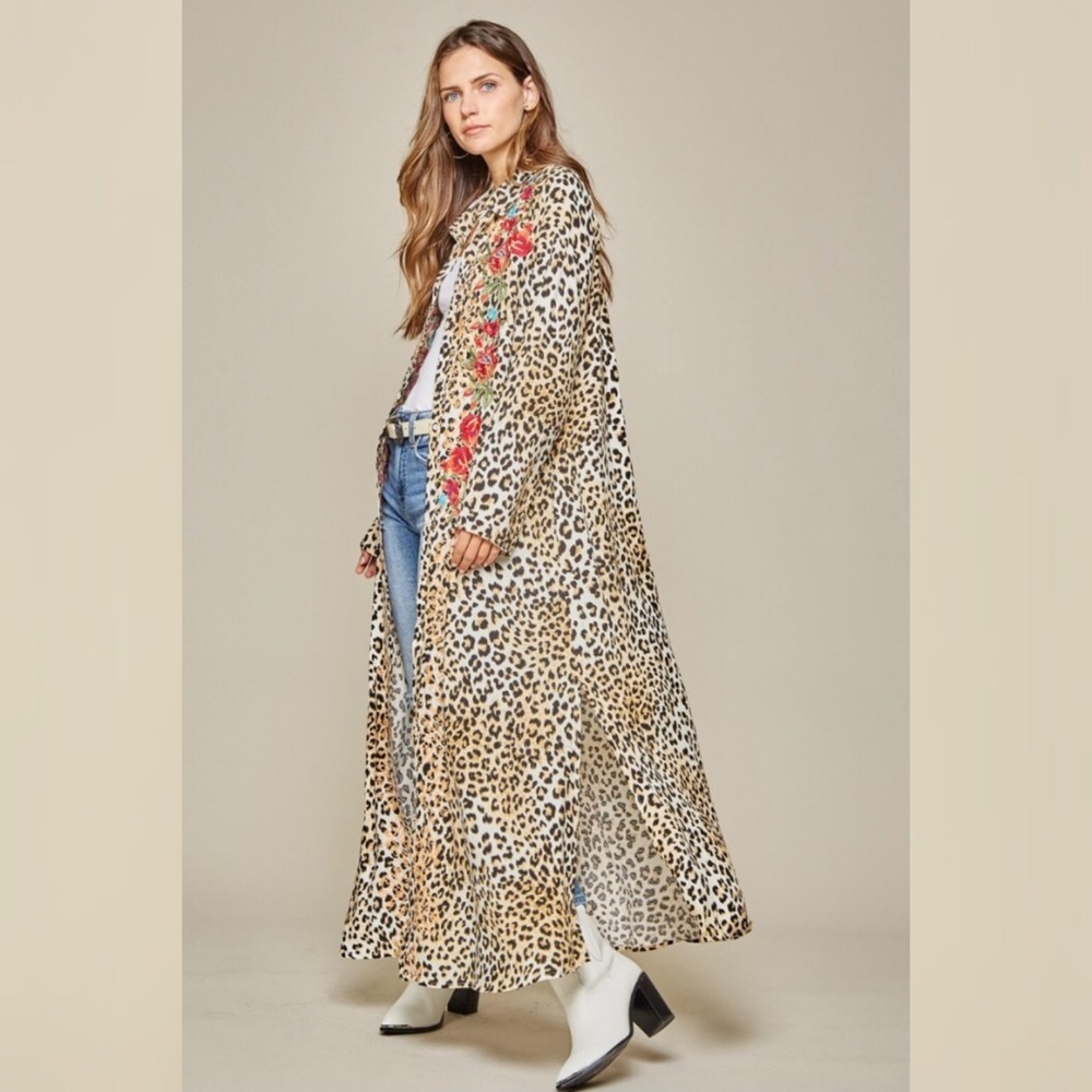 Boho Floral Embroidered Leopard Print Button Down Duster Shacket - Picture 7 of 13